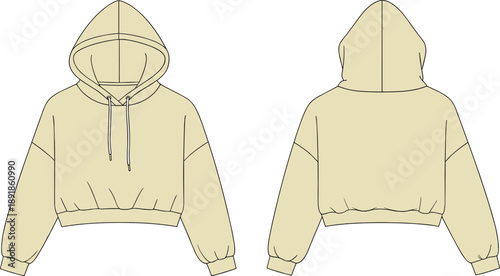 Cropped hoodie front and back flat sketch, drawstring hood chest seam ribbed cuff hem detail, cad drawing flat vector illustration fashion template