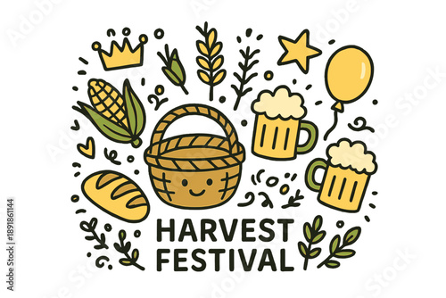 Harvest Festival Doodle. Harvest festival illustration doodle style: hand drawn basket with smile, wheat, crown, star, balloon,