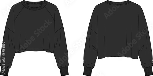 Cropped sweatshirt front and back flat sketch, dropped shoulder raw hem ribbed cuff neckline detail, cad drawing flat vector illustration fashion template