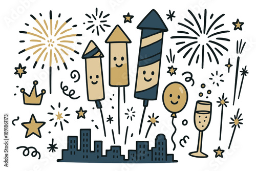 Festive Fireworks Celebration. Fireworks fair illustration doodle style: hand drawn rockets with smile, skyline, crown, star,