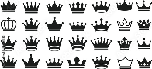 Crown silhouette vector set, royal icon collection, black flavector shapes, regal design styles, monarchy symbols, leadership emblems, decorative crowns, white background, noble theme