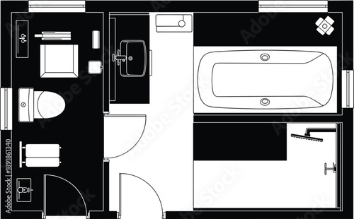 Detailed Bathroom Floor Plan with Toilet, Bidet, Sink, Bathtub, and Shower – Black and White Architectural Layout for Interior Design and Plumbing Planning