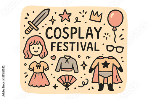 Cosplay Festival Doodle. Cosplay festival illustration doodle style: hand drawn wig with smile, sword, crown, star, balloon,