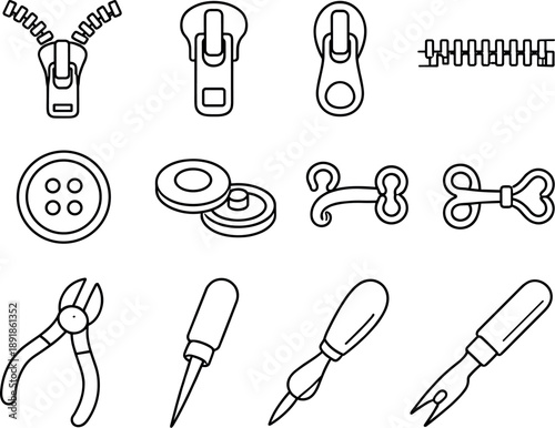 Image Generation. Line style icons of zipper and button repair: zipper, slider, puller, teeth; button, snap, hook, eye; pliers,