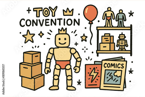 Whimsical Toy Display. Toy convention illustration doodle style: hand drawn action figure with smile, crown, star, balloon, boxes,