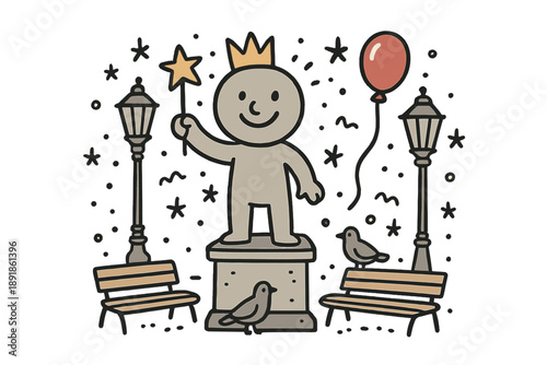 Whimsical Street Sculpture. Street sculpture illustration doodle style: hand drawn statue with smile, crown, star, balloon, street