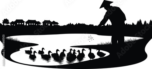 Duck, feeding, rural, scene, silhouette, posture, gesture, pond, hat, house, tree, village, nature, setup, tradition, agriculture, environment, vector, black, pose, flavector