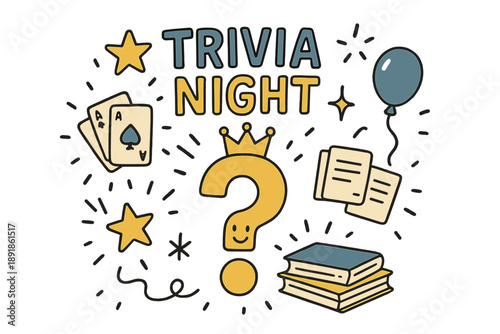 Trivia Night Doodles. Trivia night illustration doodle style: hand drawn question mark with smile, crown, star, balloon, cards,