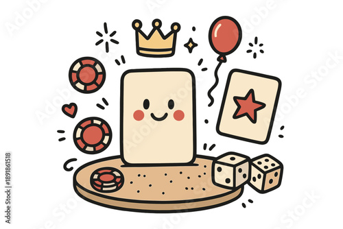 Playful Card Game. Card game illustration doodle style: hand drawn card deck with smile, crown, star, balloon, chips, dice, and