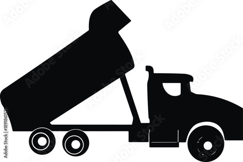 Dump truck silhouette vector, construction vehicle, unloading bed, black icon, industrial transport, flavector, heavy equipment, mining tool, worksite graphic, machinery design, utility concept
