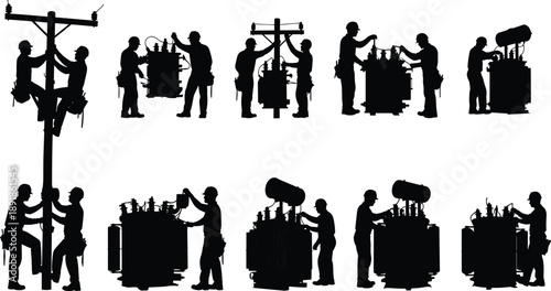 Electrical, utility, maintenance, silhouette, posture, gesture, pole, transformer, helmet, gear, climb, inspect, repair, worker, setup, infrastructure, vector, black, pose, flavector