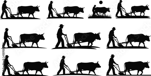 Farmer, ox, plow, silhouette, posture, gesture, guide, till, field, sun, soil, rural, agriculture, traditional, labor, animal, vector, black, pose, setup, flavector