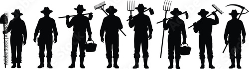 Farmer, tool, silhouette, posture, gesture, shovel, hoe, rake, pitchfork, scythe, basket, hat, boot, setup, agriculture, rural, tradition, labor, vector, black, pose, flavector
