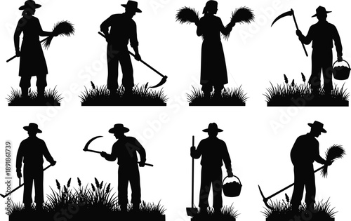 Farmer, tool, silhouette, posture, gesture, sickle, scythe, hoe, shovel, basket, wheat, bundle, hat, grass, setup, agriculture, rural, tradition, labor, vector, black, pose, flavector