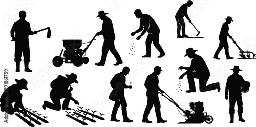 Farming, activity, silhouette, posture, gesture, seed, plant, hoe, plow, inspect, harvest, tool, crop, soil, traditional, agriculture, setup, vector, black, pose, flavector