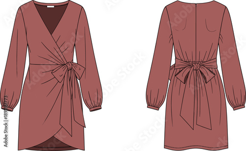 Fashion flat technical drawing of a dusty rose long sleeve wrap dress with V-neckline, tulip hem, gathered bishop sleeves, and adjustable waist tie belt
