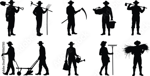 Farming, tool, task, silhouette, posture, gesture, shovel, rake, scythe, hoe, basket, seed, sack, drill, watering, setup, agriculture, vector, black, pose, flavector