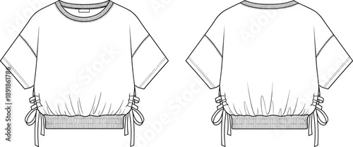 Fashion flat technical drawing of a women's oversized cropped sweatshirt with crew neck, drop shoulders, ribbed waistband, and side lace-up drawstring detail.Fashion flat technical drawing