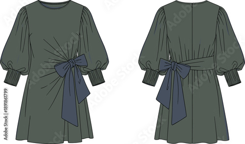Fashion illustration of dark green puff sleeve dress with large waist bow, round neckline, flared skirt, front and back technical garment sketch