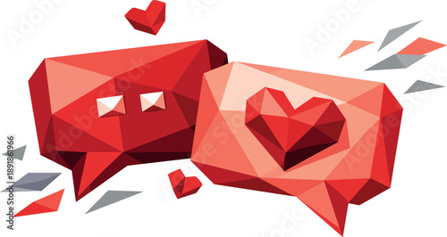 Two geometric speech bubbles with hearts inside, surrounded by small heart icons.
