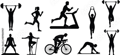 Fitness, exercise, silhouette, posture, barbell, dumbbell, treadmill, resistance, stretch, bicycle, vector, black, pose, setup, training, workout, lifting, squatting, wellness, flavector
