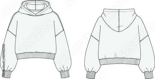 Front and back technical illustration of hooded sweatshirt with dropped shoulders, ribbed cuffs, and seam details for fashion design and garment construction reference.
