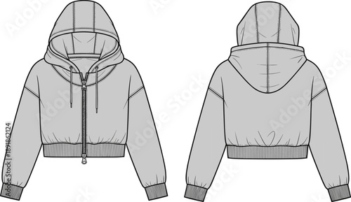 Front and back technical sketch of cropped hoodie with zipper and drawstring hood for fashion design, garment construction, and apparel illustration reference.