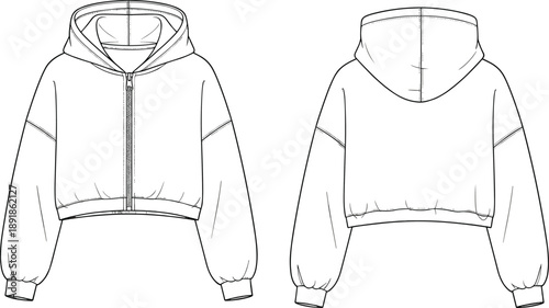 Front and back technical sketch of cropped hoodie with zipper, dropped shoulders, and seam details for fashion design and garment construction reference.
