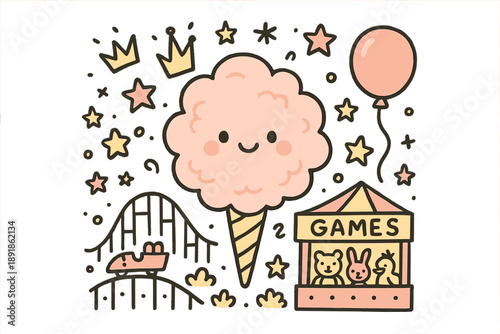 Whimsical Fairground Fun. Fairground illustration doodle style: hand drawn cotton candy with smile, crown, star, balloon, roller