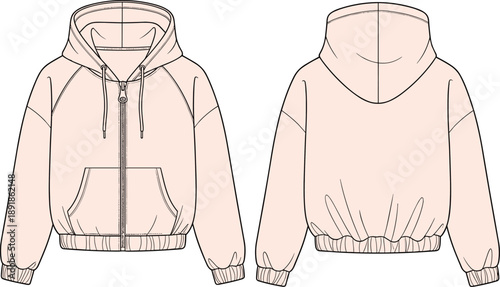 Front and back technical sketch of hooded zip-up sweatshirt with kangaroo pocket and raglan sleeves for fashion design and garment construction reference.