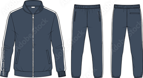 Front and back technical sketch of dark blue tracksuit set with zip-up jacket and tapered pants for fashion design and athletic wear reference.