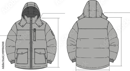 Front and back technical sketch of padded winter jacket with hood, zip pockets, and measurement indicators for fashion design and garment production reference.