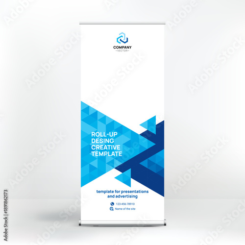 Banner design, roll-up stand for advertising, conferences, seminars, poster template for placing photos and text. Creative background for presentation
