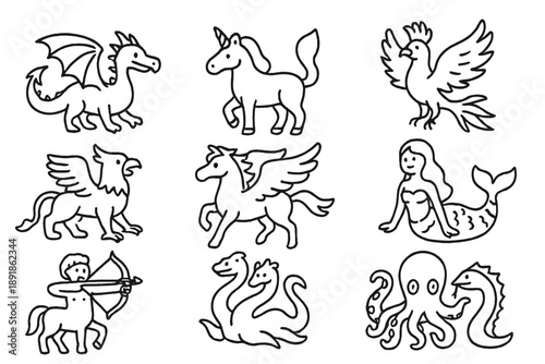 Mythical Creatures Icons. Mythical animals doodle icon set: hand drawn icons of dragon, unicorn, phoenix, griffin, 