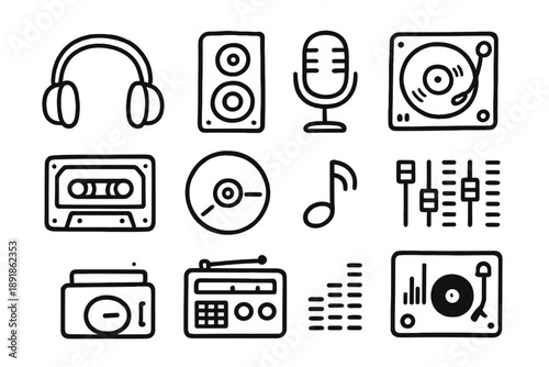 Audio Doodle Icons. Audio doodle icon set: hand drawn icons of headphones, speaker, microphone, turntable, 