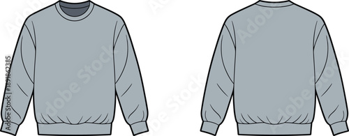 Gray crewneck sweatshirt front and back view, ribbed neckline cuffs hem, flat vector fashion sketch for garment design or apparel catalog template