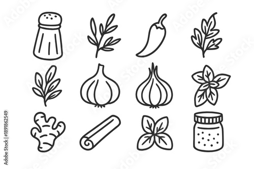 Spices Icon Collection. Spices doodle icon set: hand drawn icons of salt shaker, pepper mill, chili, herbs, garlic, onion, ginger, cinnamon stick, basil, and jar. isolated transparent background