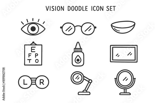 Vision Doodle Icons. Vision doodle icon set: hand drawn icons of eye, glasses, contact lens, test chart, eye drops, frame, case, magnifier, lamp, and mirror. isolated transparent background