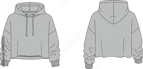 Hooded sweatshirt front and back flat sketch, dropped shoulder drawstring hood metal aglet ribbed cuff hem detail, cad drawing flat vector illustration design