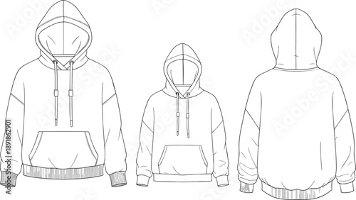 Hooded sweatshirt, front side back view, kangaroo pocket, drawstring hood, fashion,