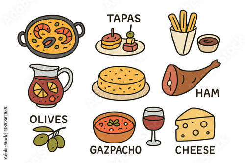 Spanish Cuisine Icons. Spanish food doodle icon set: hand drawn icons of paella, tapas, churros, sangria, tortilla, ham, olives, gazpacho, wine, and cheese. isolated transparent background