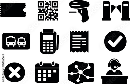 Solid vector icons of transit ticketing: paper ticket, QR code, barcode scanner, validator gate, travel card,
