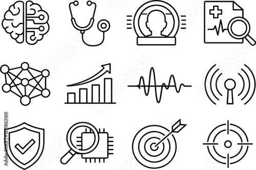 Image Generation. Line style vector icons of AI diagnostics: ai brain, stethoscope, scan, report; neural network, data chart,