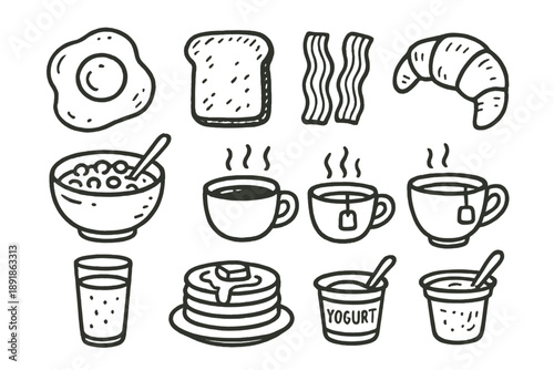 Breakfast Icon Doodle. Breakfast doodle icon set: hand drawn icons of fried egg, toast, bacon, croissant, cereal bowl, coffee, tea, orange juice, pancake, and yogurt. isolated transparent background