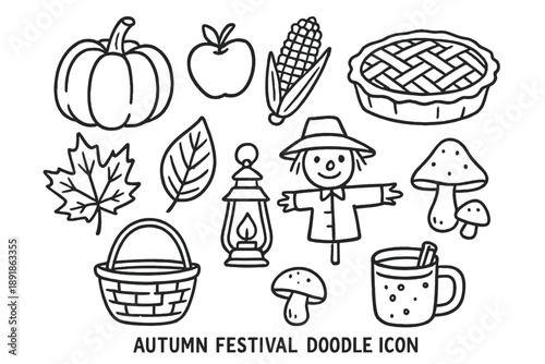 Autumn Festival Icons. Autumn festival doodle icon set: hand drawn icons of pumpkin, apple, corn, pie, leaves, lantern, basket, scarecrow, cider, and mushrooms. isolated transparent background
