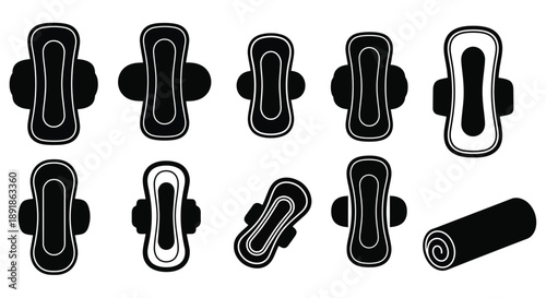 Various sanitary pad designs and a roll shown in black silhouette