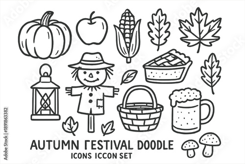 Autumn Festival Icons. Autumn festival doodle icon set: hand drawn icons of pumpkin, apple, corn, pie, leaves, lantern, basket, scarecrow, cider, and mushrooms. isolated transparent background