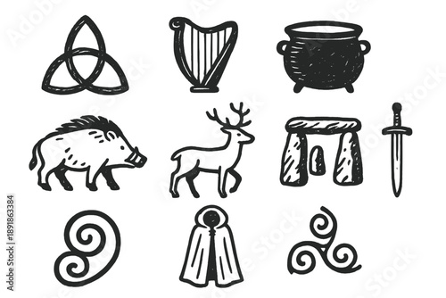 Celtic Mythology Doodle Icons. Celtic mythology doodle icon set: hand drawn icons of knot, harp, cauldron, boar, 