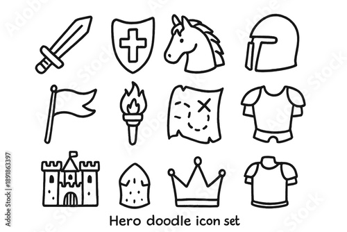 Heroic Icon Set. Hero doodle icon set: hand drawn icons of sword, shield, horse, helmet, flag, torch, map, castle, crown, and armor. isolated transparent background