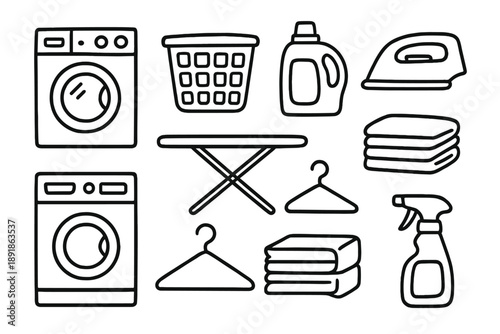 Laundry Icon Set. Laundry doodle icon set: hand drawn icons of washing machine, basket, detergent, iron, ironing 